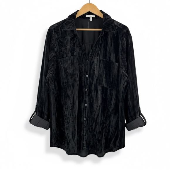 Maurice's Black Velvet Button Down Shirt Roll Tab Sleeve 2X Plus Size - Picture 1 of 7